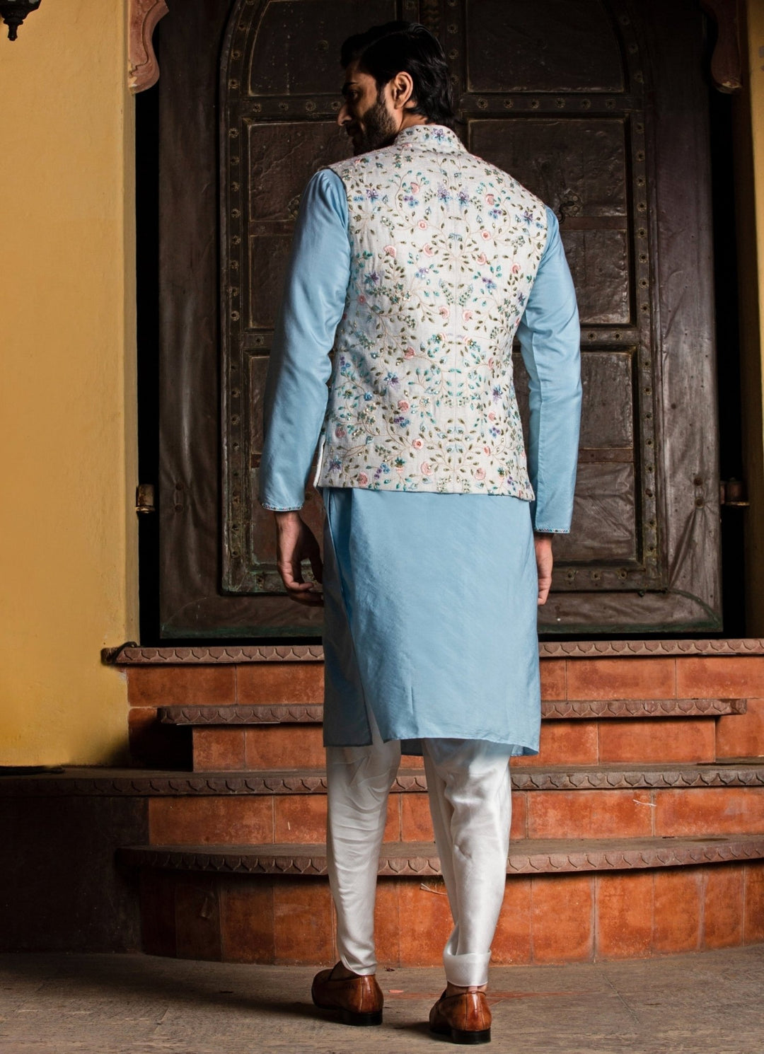 Ivory Silk Nehru Jacket with Powder Blue Kurta Set Nitika Gujral - Men - Fabilicious Fashion