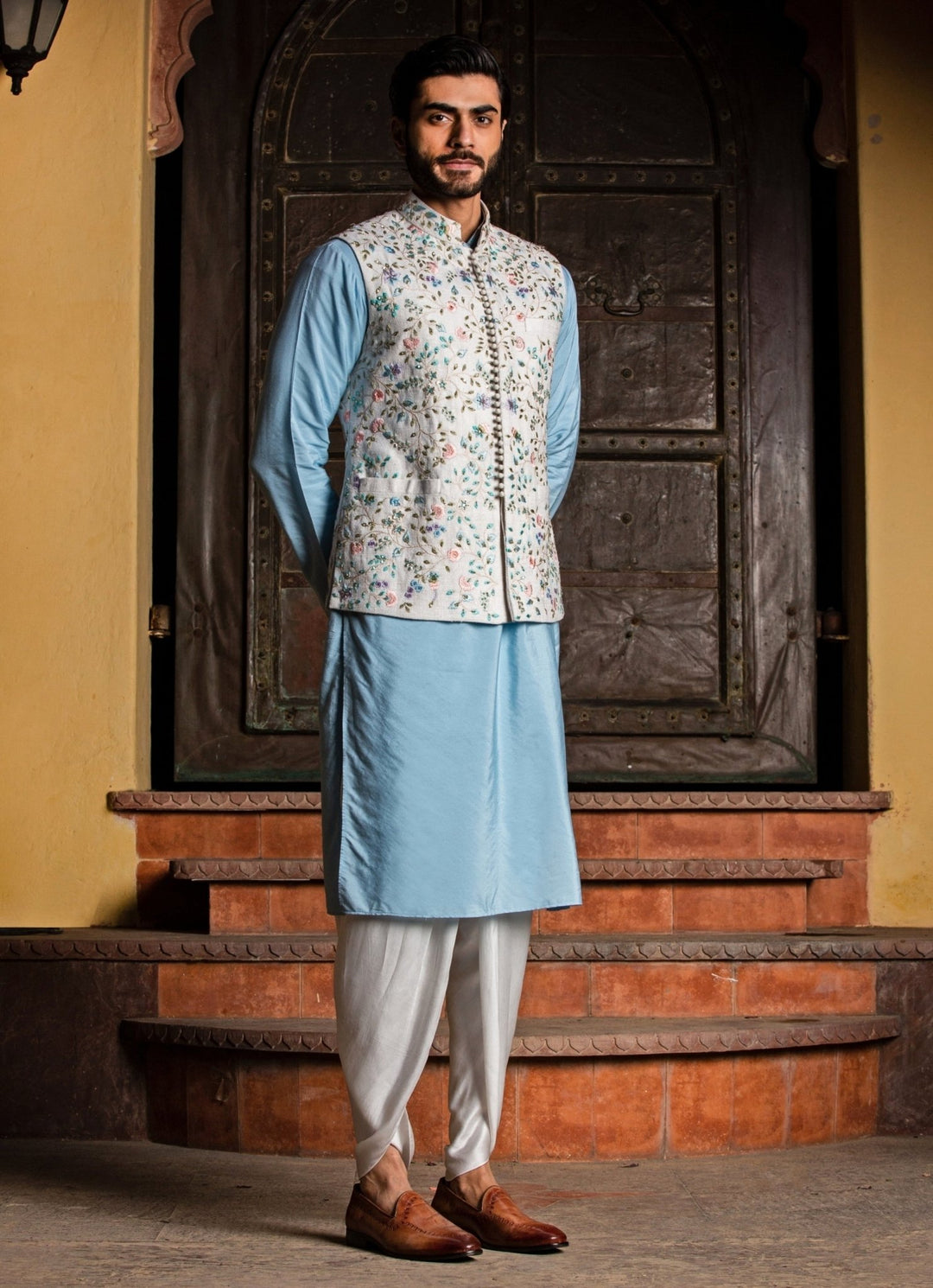 Ivory Silk Nehru Jacket with Powder Blue Kurta Set Nitika Gujral - Men - Fabilicious Fashion
