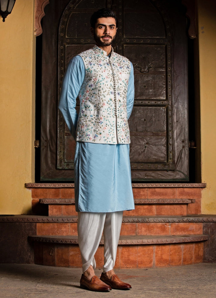 Ivory Silk Nehru Jacket with Powder Blue Kurta Set Nitika Gujral - Men - Fabilicious Fashion