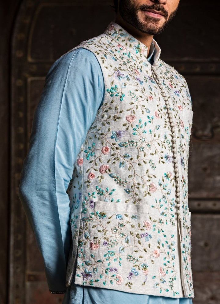 Ivory Silk Nehru Jacket with Powder Blue Kurta Set Nitika Gujral - Men - Fabilicious Fashion