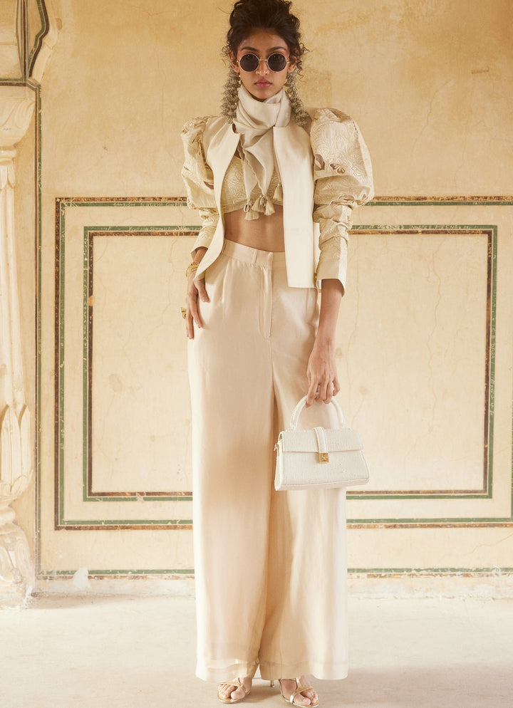 Ivory Silk Organza Pant Set With Jacket Paulmi and Harsh - Fabilicious Fashion