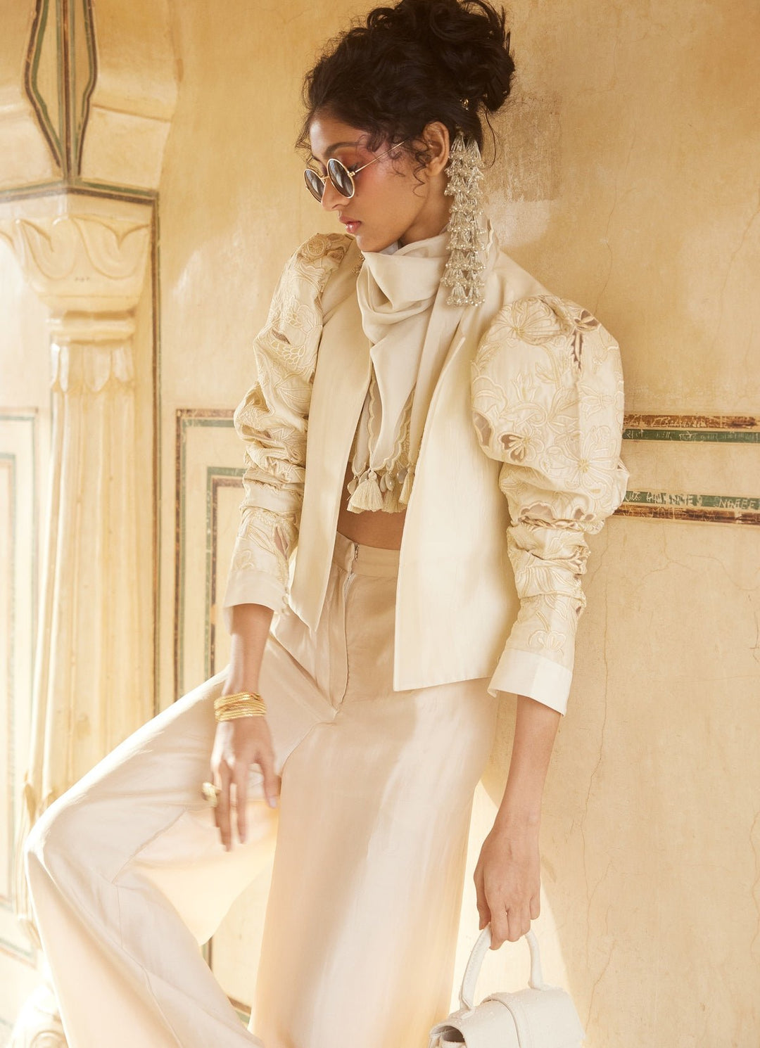 Ivory Silk Organza Pant Set With Jacket Paulmi and Harsh - Fabilicious Fashion