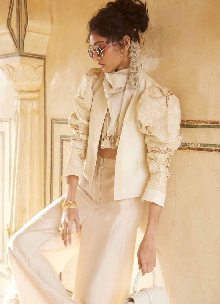 Ivory Silk Organza Pant Set With Jacket Paulmi and Harsh - Fabilicious Fashion