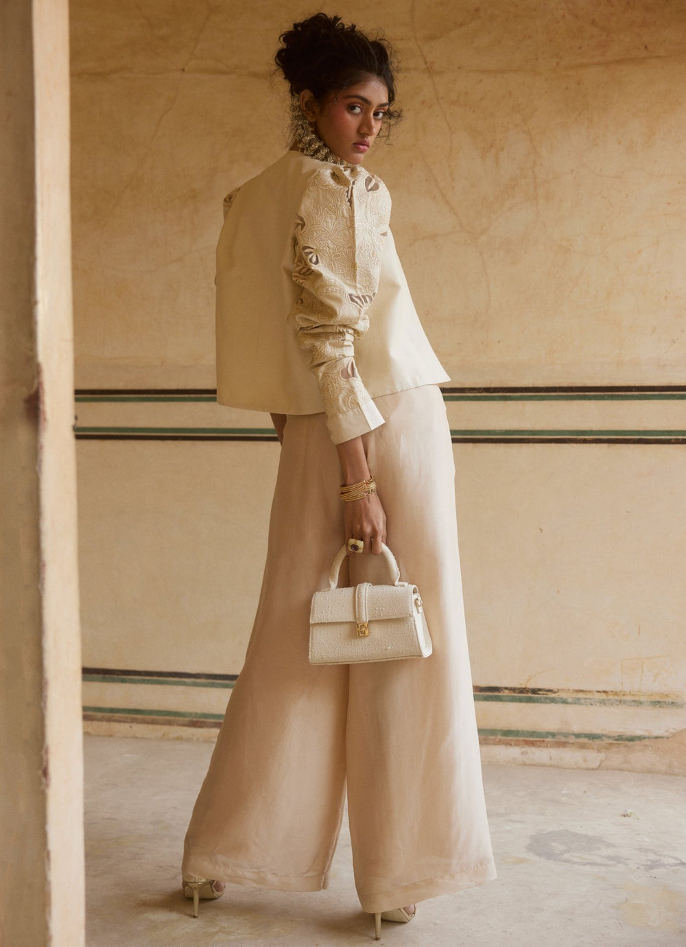 Ivory Silk Organza Pant Set With Jacket Paulmi and Harsh - Fabilicious Fashion