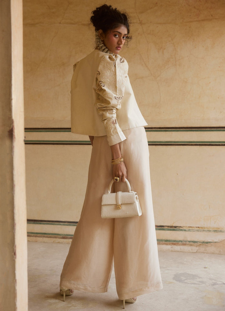 Ivory Silk Organza Pant Set With Jacket Paulmi and Harsh - Fabilicious Fashion