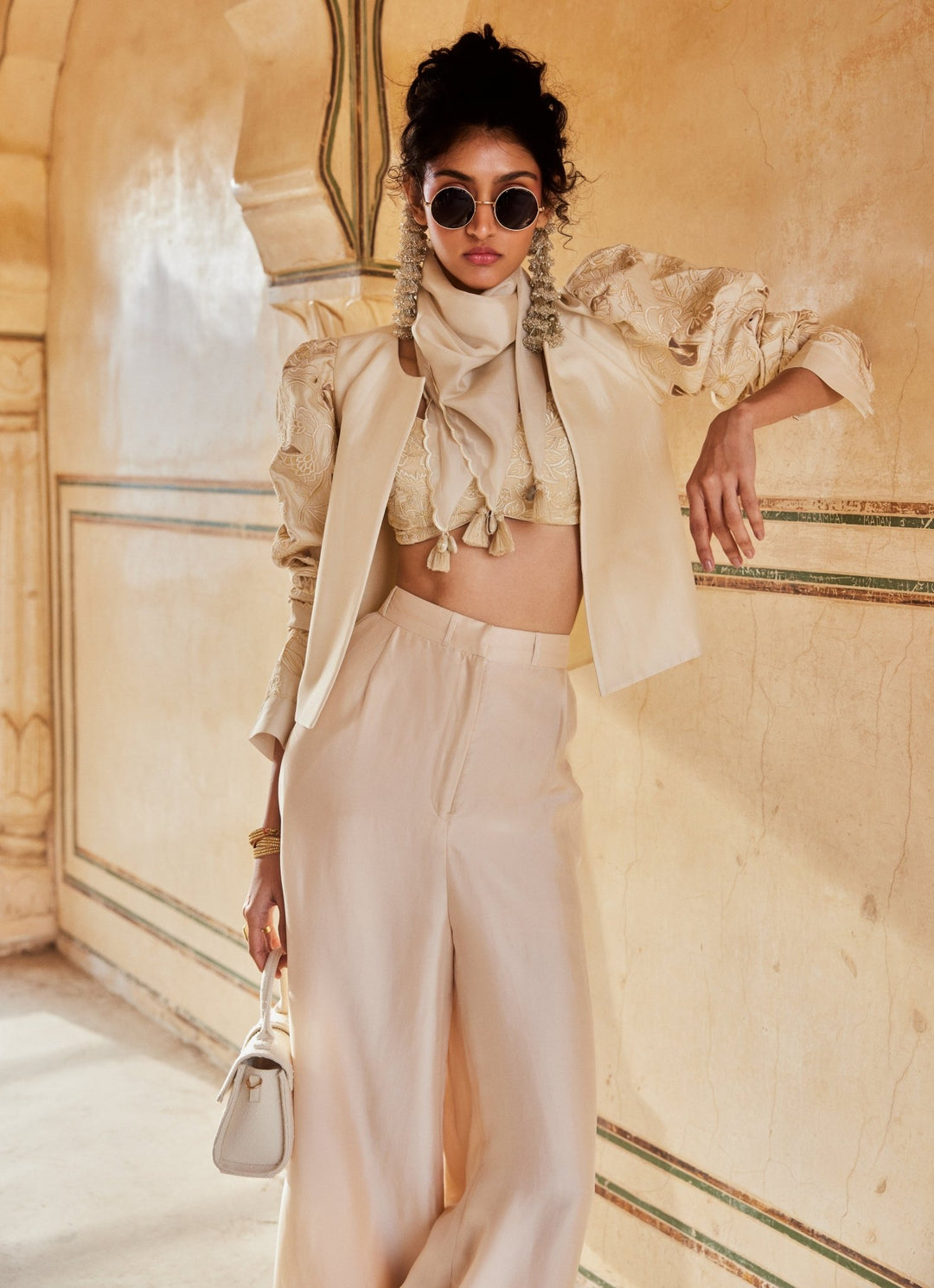 Ivory Silk Organza Pant Set With Jacket Paulmi and Harsh - Fabilicious Fashion