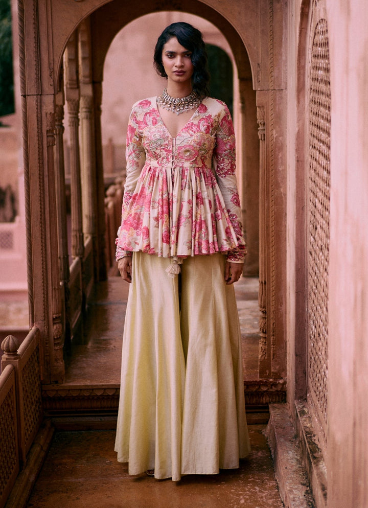 Ivory Silk Peplum Kurta Palazzo Set Paulmi and Harsh - Fabilicious Fashion