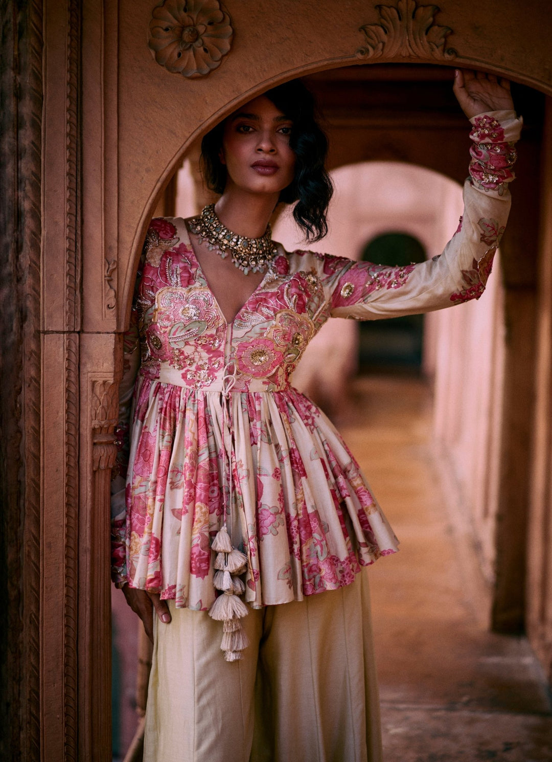 Ivory Silk Peplum Kurta Palazzo Set Paulmi and Harsh - Fabilicious Fashion