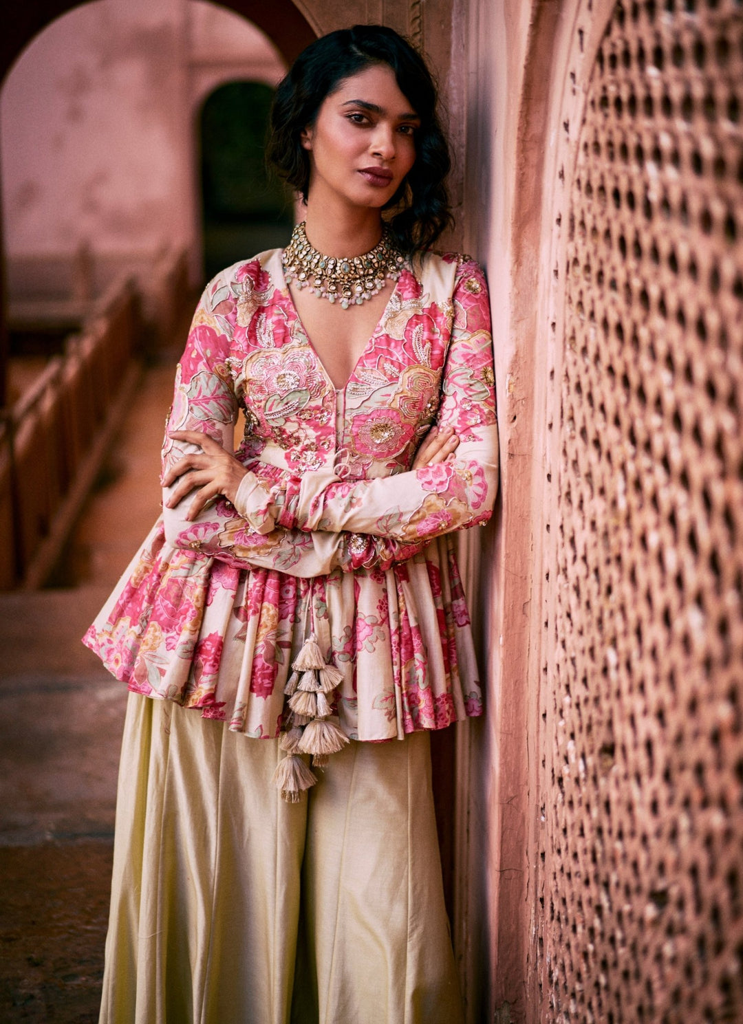 Ivory Silk Peplum Kurta Palazzo Set Paulmi and Harsh - Fabilicious Fashion