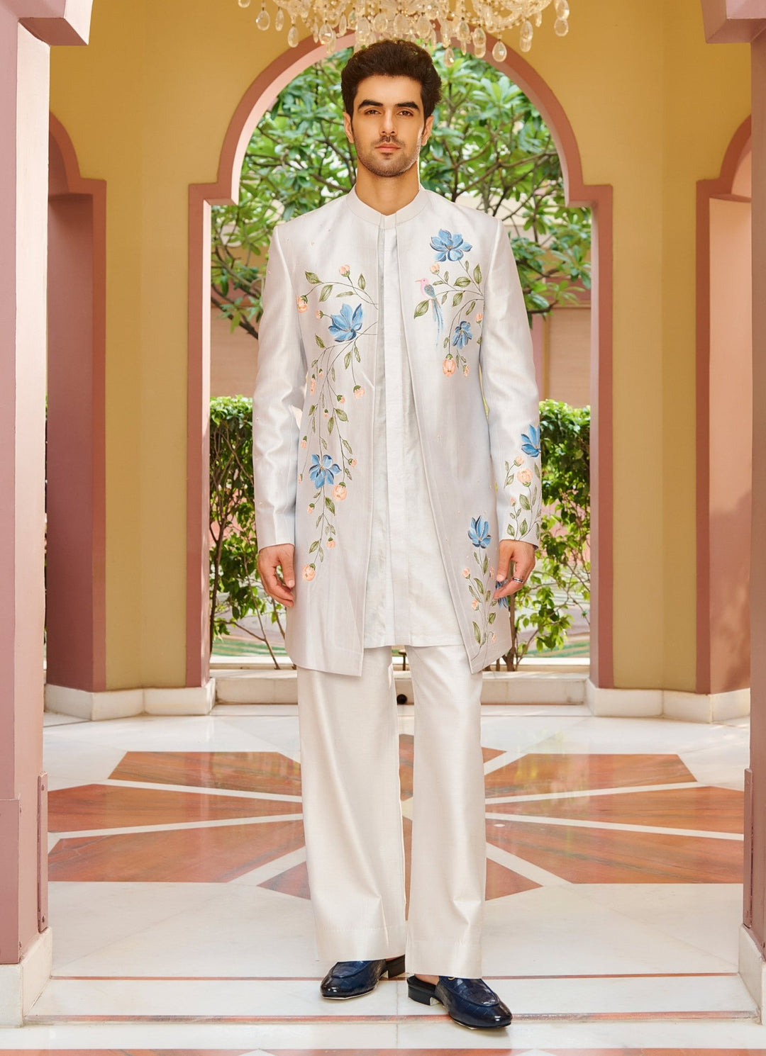 Ivory Silver Embroidered Silk Kurta Jacket Set Contrast By Parth - Fabilicious Fashion