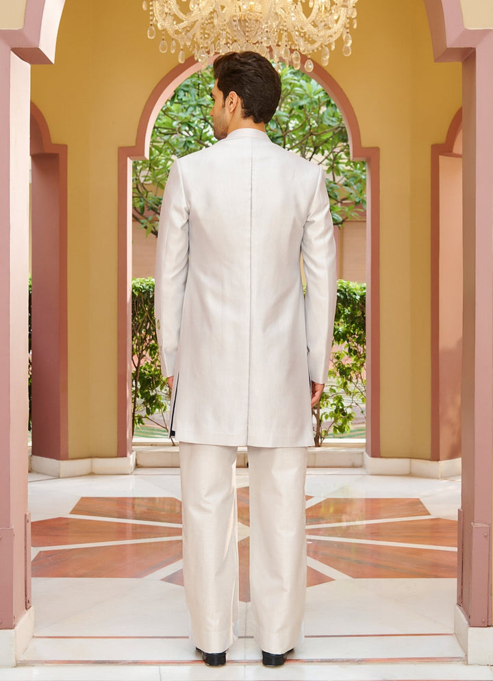 Ivory Silver Embroidered Silk Kurta Jacket Set Contrast By Parth - Fabilicious Fashion