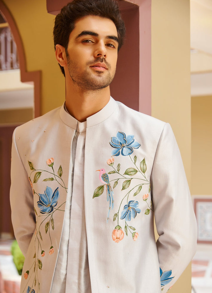 Ivory Silver Embroidered Silk Kurta Jacket Set Contrast By Parth - Fabilicious Fashion