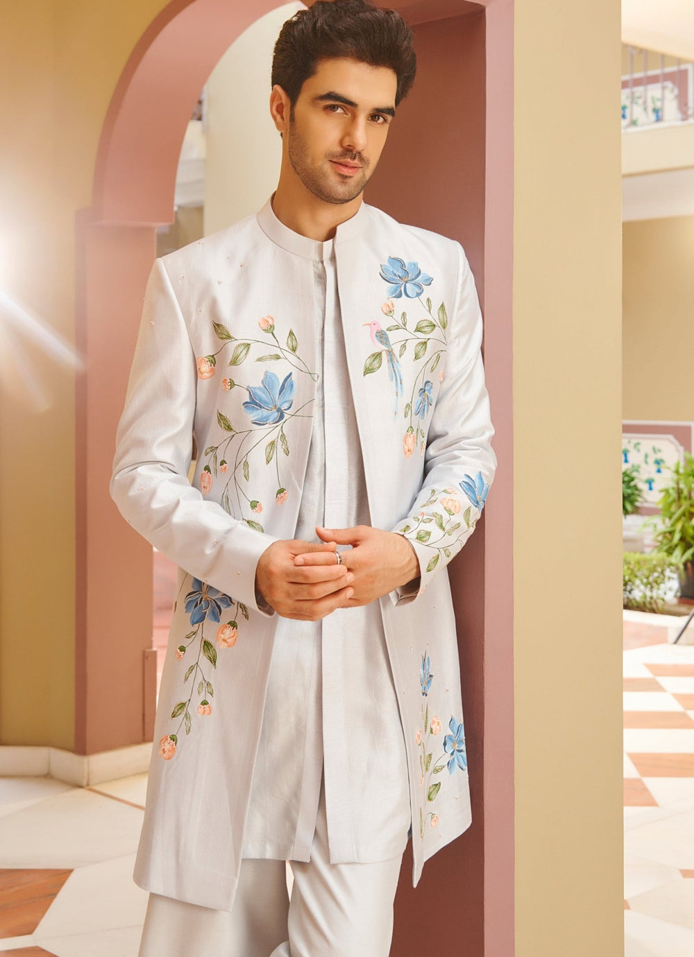 Ivory Silver Embroidered Silk Kurta Jacket Set Contrast By Parth - Fabilicious Fashion