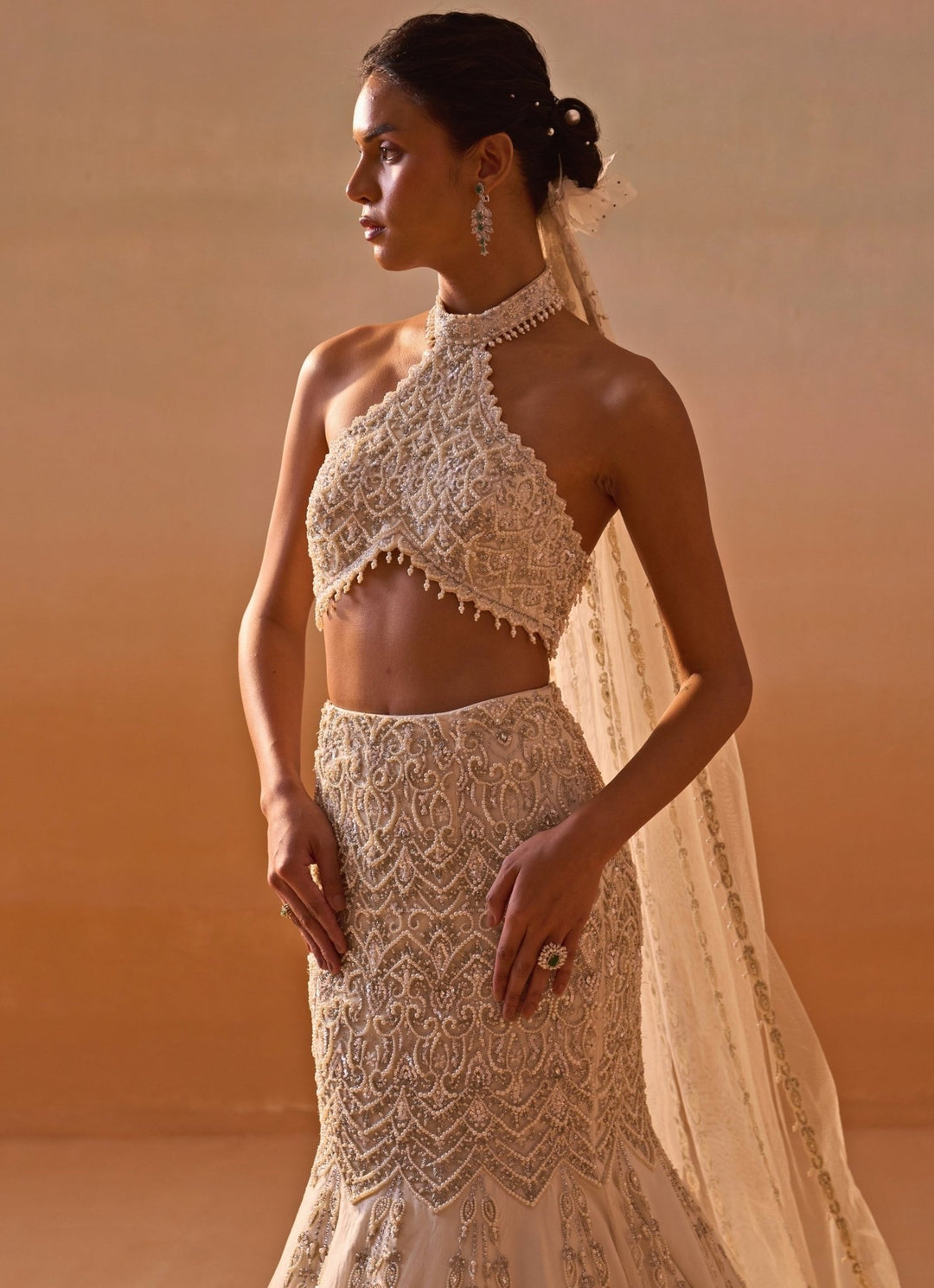 Nitika Gujral Ivory Soft Net Mermaid Lehenga Set With Halter BlouseFabilicious Fashion