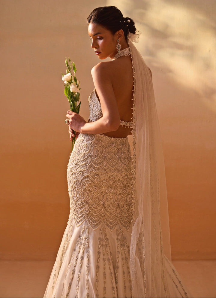 Nitika Gujral Ivory Soft Net Mermaid Lehenga Set With Halter BlouseFabilicious Fashion