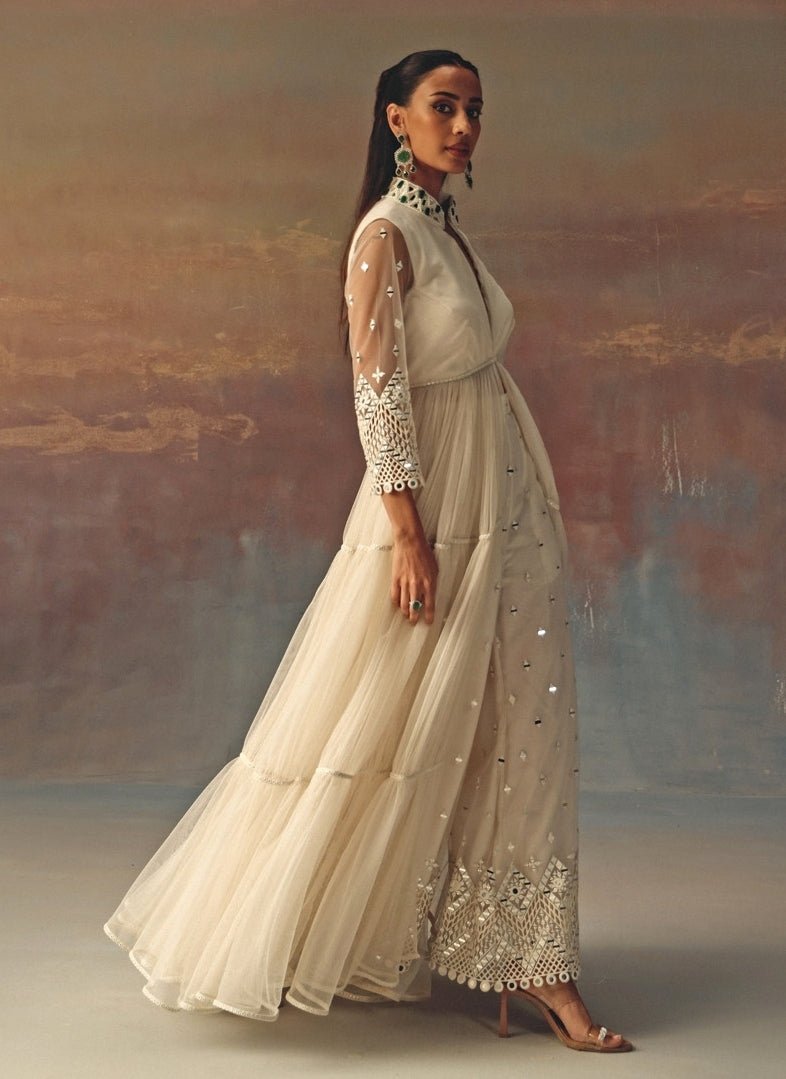 Twenty Nine Ivory Soft Net Mirrorwork Anarkali With PalazzoFabilicious Fashion