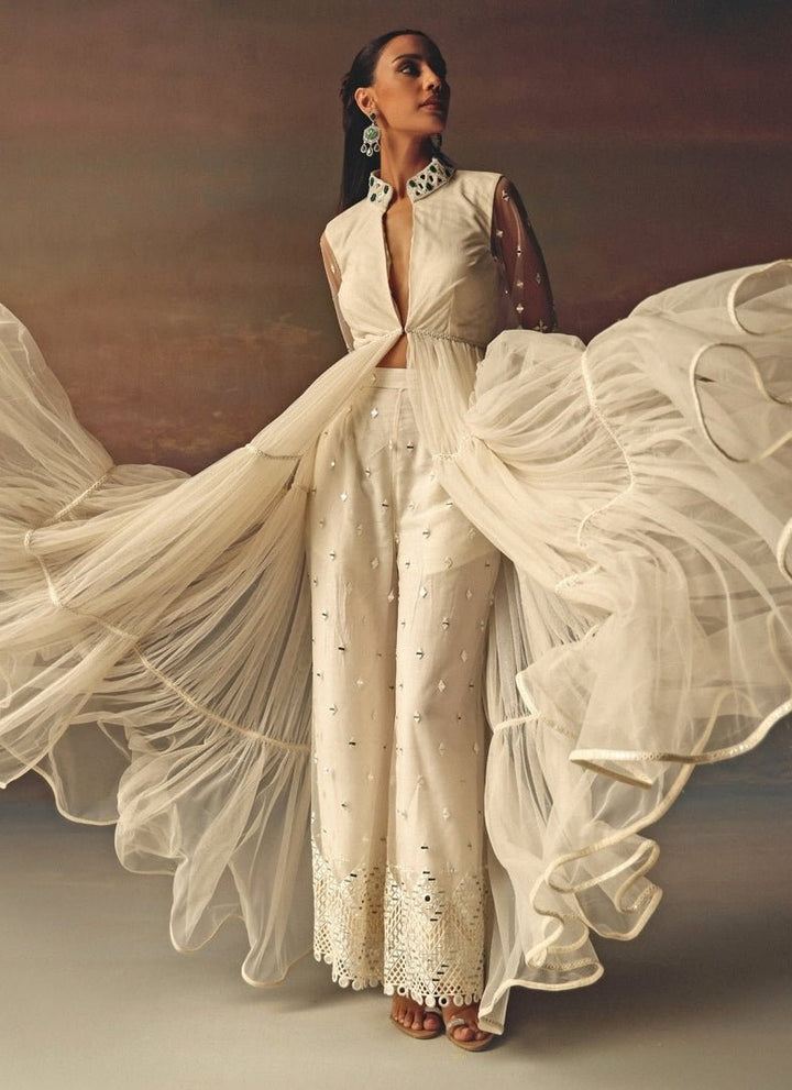 Twenty Nine Ivory Soft Net Mirrorwork Anarkali With PalazzoFabilicious Fashion