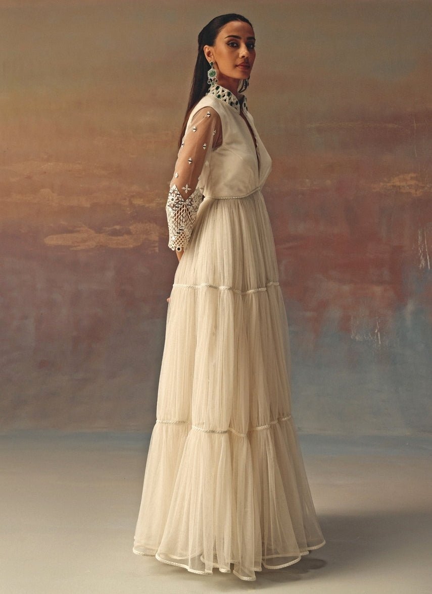 Twenty Nine Ivory Soft Net Mirrorwork Anarkali With PalazzoFabilicious Fashion