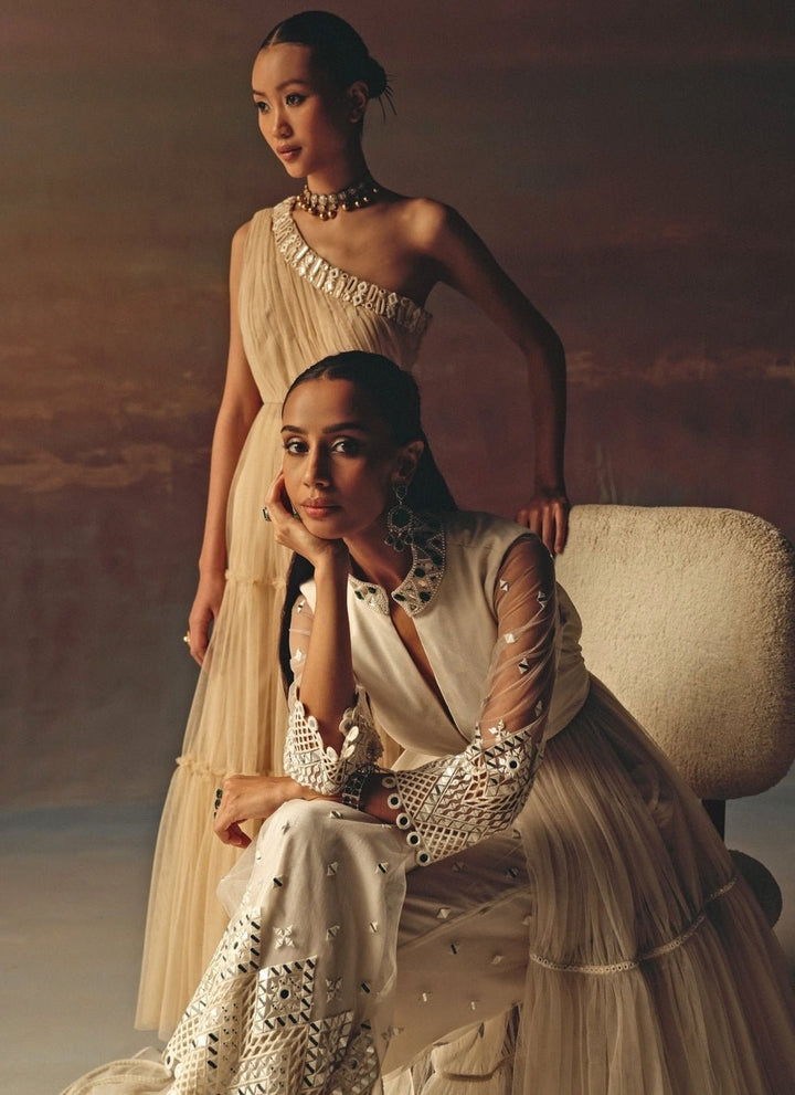 Twenty Nine Ivory Soft Net Mirrorwork Anarkali With PalazzoFabilicious Fashion