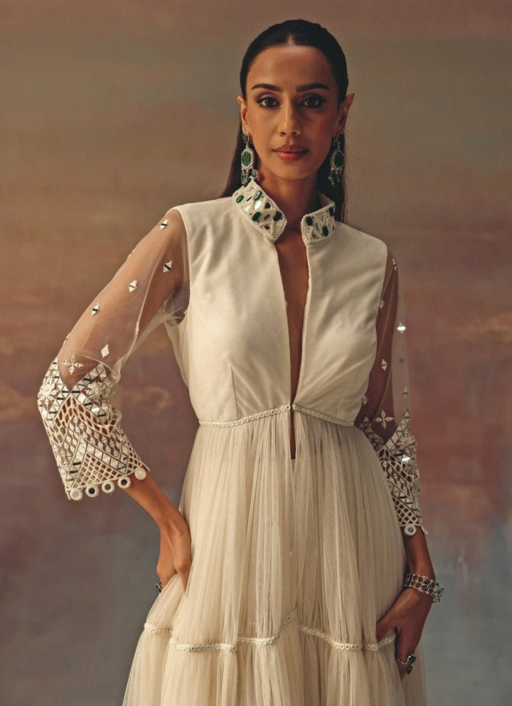 Twenty Nine Ivory Soft Net Mirrorwork Anarkali With PalazzoFabilicious Fashion