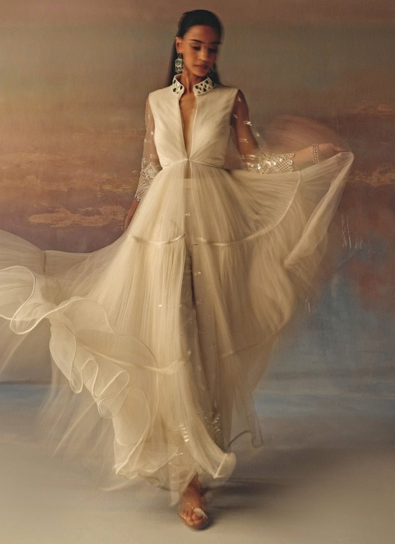 Twenty Nine Ivory Soft Net Mirrorwork Anarkali With PalazzoFabilicious Fashion