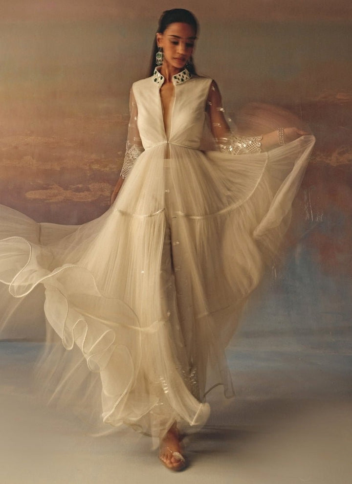 Twenty Nine Ivory Soft Net Mirrorwork Anarkali With PalazzoFabilicious Fashion