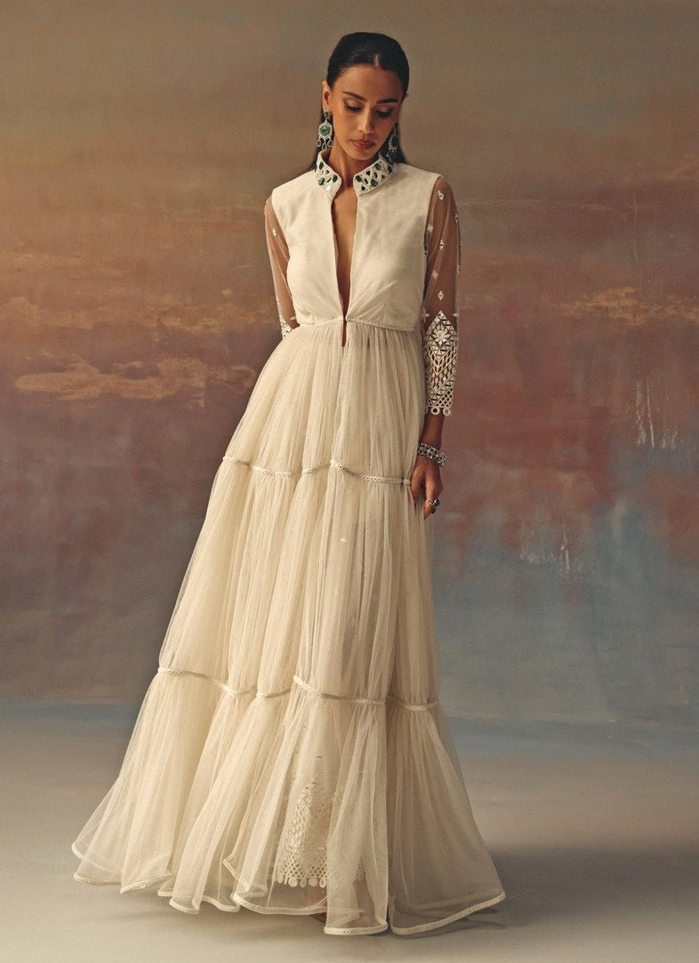 Twenty Nine Ivory Soft Net Mirrorwork Anarkali With PalazzoFabilicious Fashion