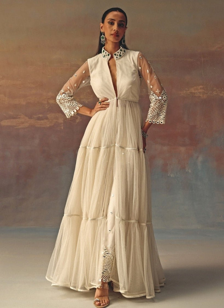 Twenty Nine Ivory Soft Net Mirrorwork Anarkali With PalazzoFabilicious Fashion