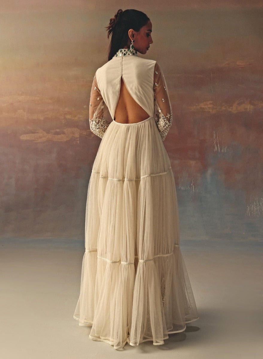 Twenty Nine Ivory Soft Net Mirrorwork Anarkali With PalazzoFabilicious Fashion