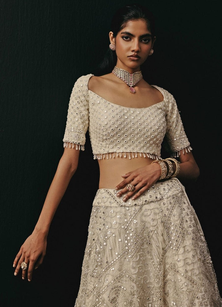 Ivory Soft Net Mirrorwork Lehenga Set Twenty Nine - Fabilicious Fashion
