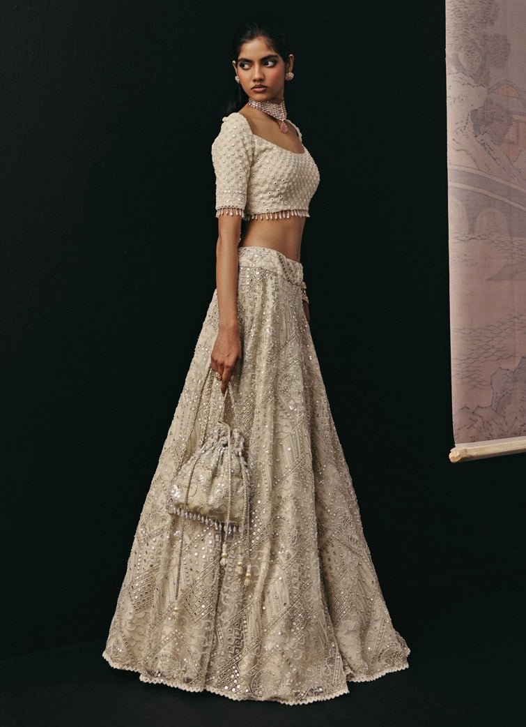 Ivory Soft Net Mirrorwork Lehenga Set Twenty Nine - Fabilicious Fashion