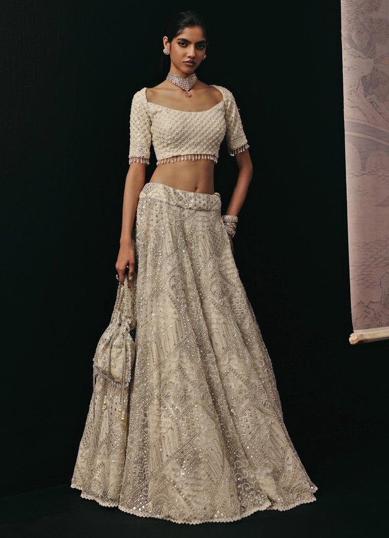 Ivory Soft Net Mirrorwork Lehenga Set Twenty Nine - Fabilicious Fashion