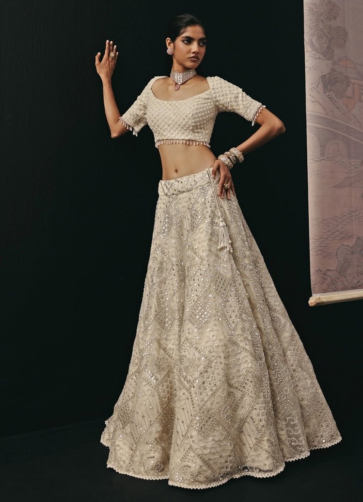 Ivory Soft Net Mirrorwork Lehenga Set Twenty Nine - Fabilicious Fashion