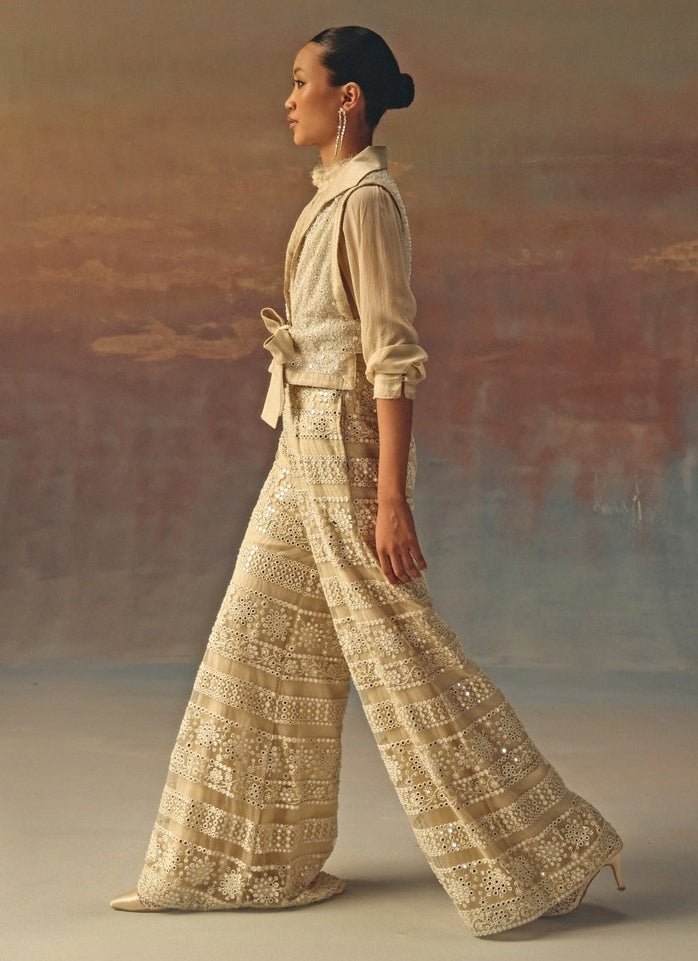 Twenty Nine Ivory Soft Net Mirrorwork Palazzo With GiletFabilicious Fashion