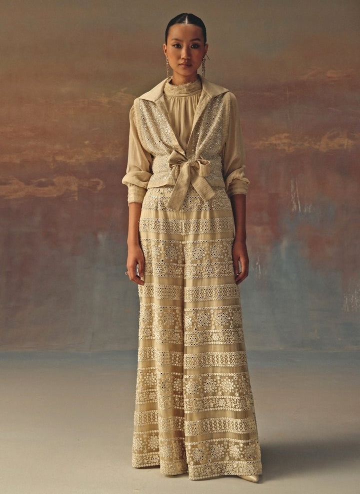 Twenty Nine Ivory Soft Net Mirrorwork Palazzo With GiletFabilicious Fashion