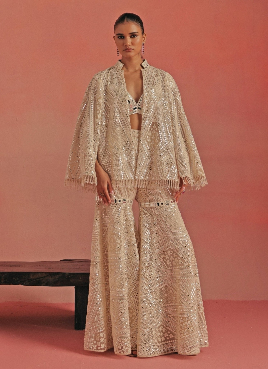 Twenty Nine Ivory Soft Net Mirrorwork Sharara Set With JacketFabilicious Fashion