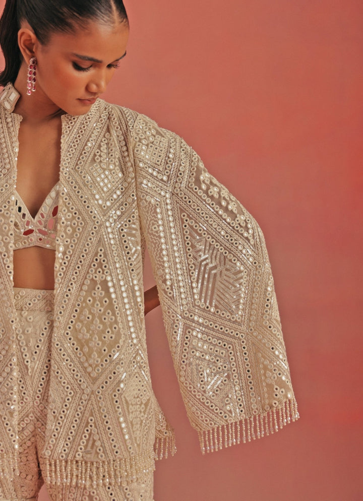 Twenty Nine Ivory Soft Net Mirrorwork Sharara Set With JacketFabilicious Fashion