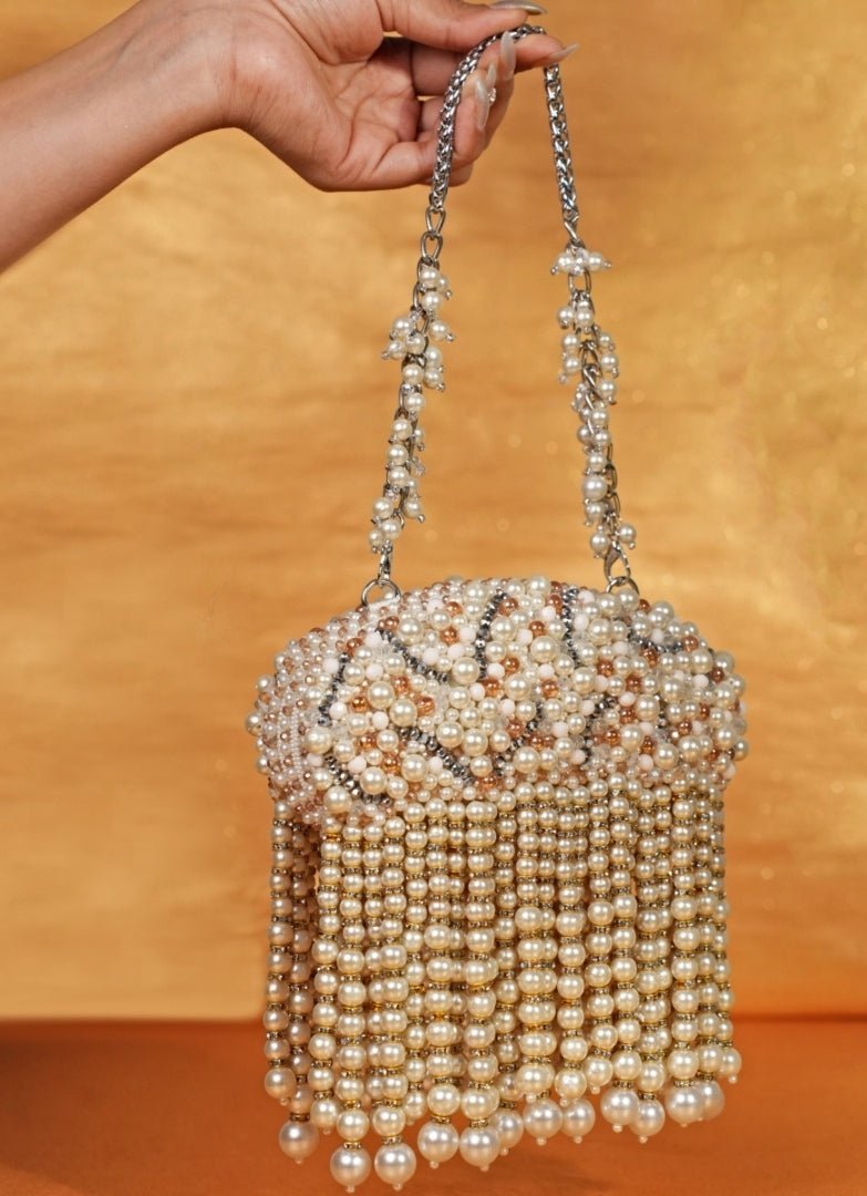 Ivory Suede Clutch With Big Pearl Hanging House of Kosha - Fabilicious Fashion