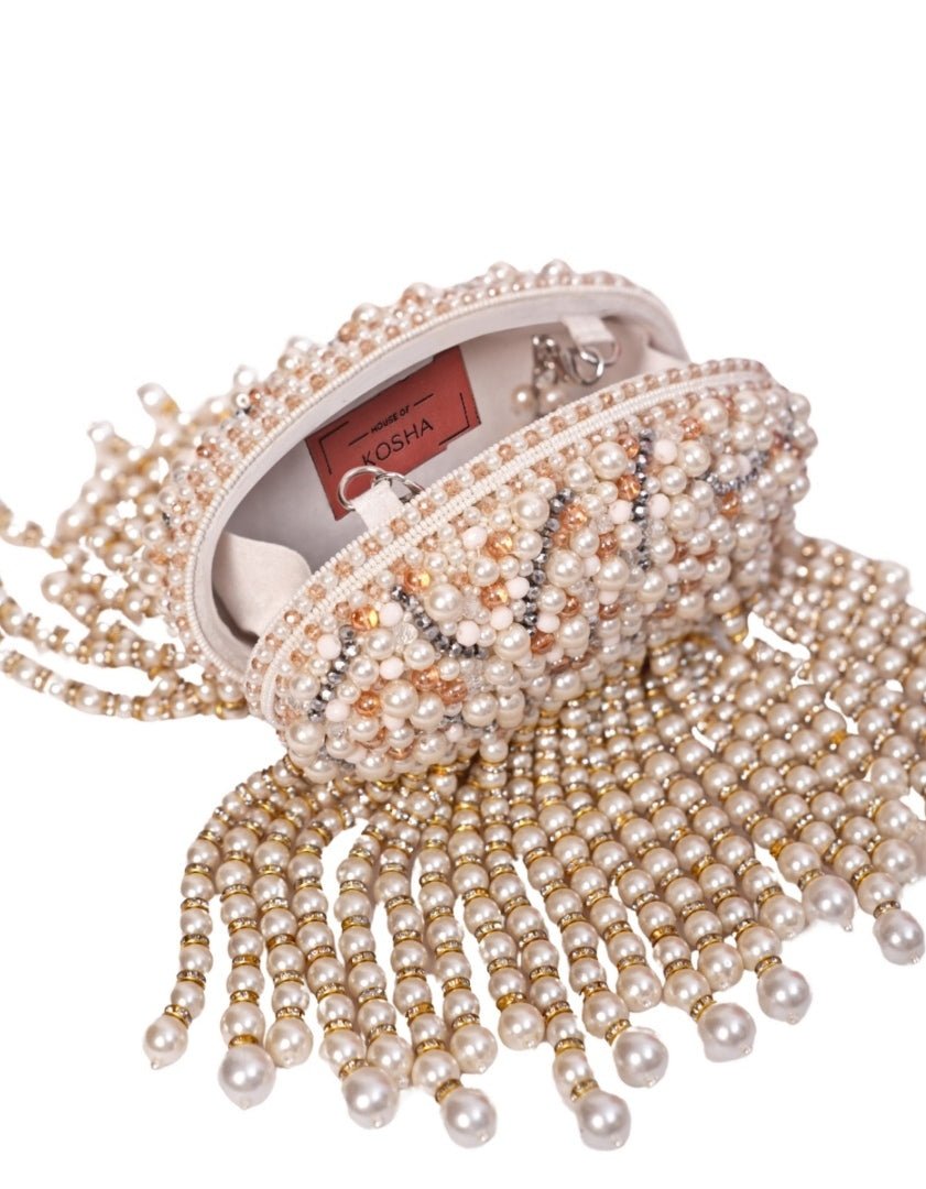Ivory Suede Clutch With Big Pearl Hanging House of Kosha - Fabilicious Fashion