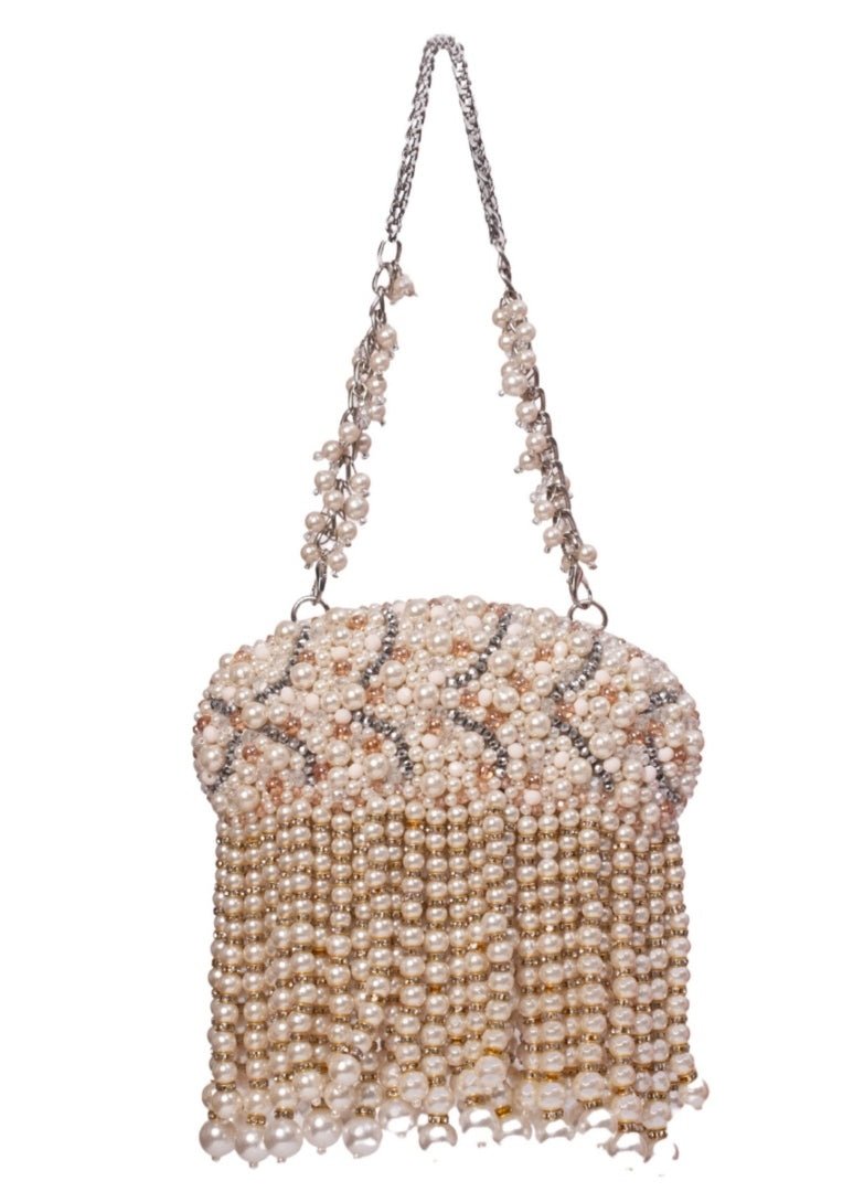 Ivory Suede Clutch With Big Pearl Hanging House of Kosha - Fabilicious Fashion