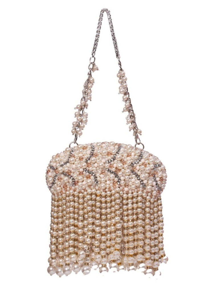 Ivory Suede Clutch With Big Pearl Hanging House of Kosha - Fabilicious Fashion