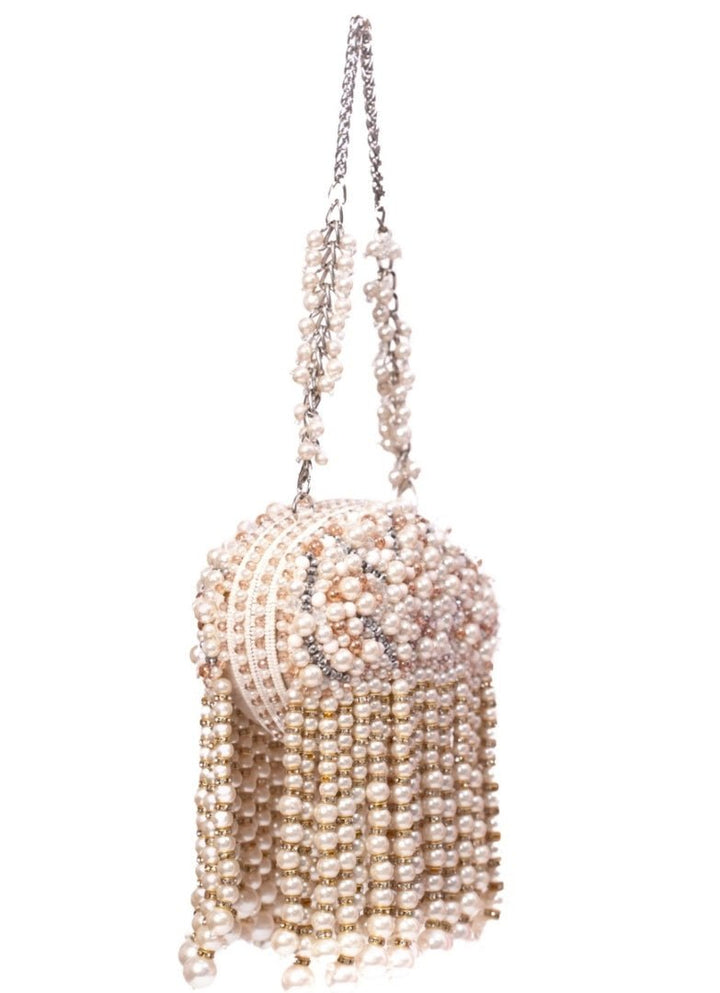 Ivory Suede Clutch With Big Pearl Hanging House of Kosha - Fabilicious Fashion