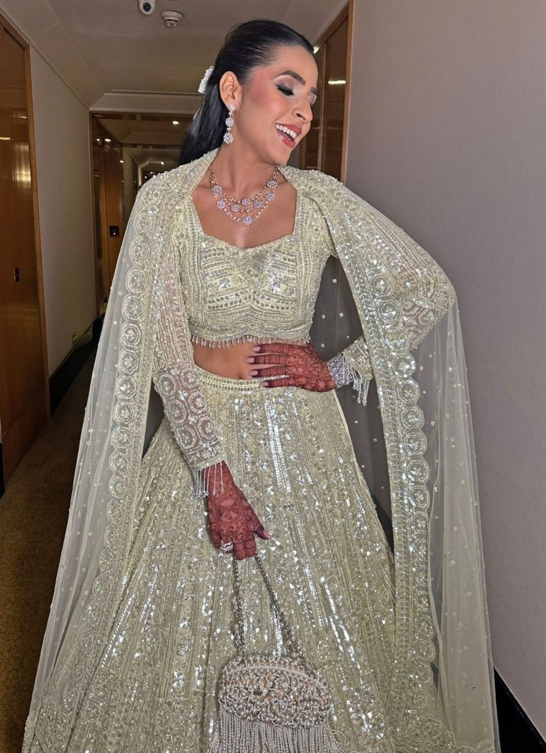 Ivory Suede Clutch With Pearl Hanging House of Kosha - Fabilicious Fashion