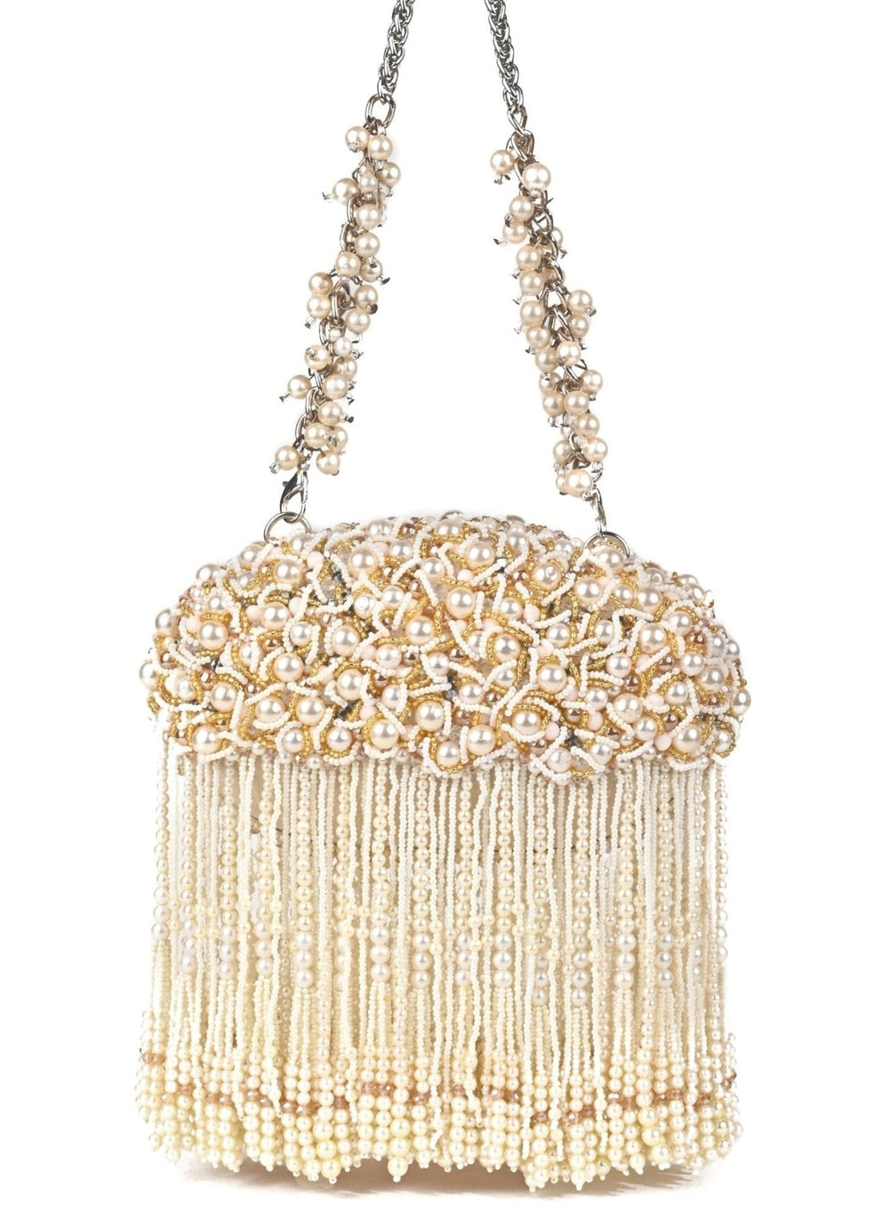 Ivory Suede Clutch With Pearl Hanging House of Kosha - Fabilicious Fashion