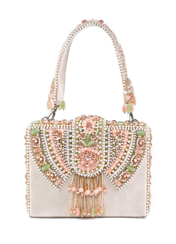 Ivory Suede Embellished Box Bag House of Kosha - Fabilicious Fashion
