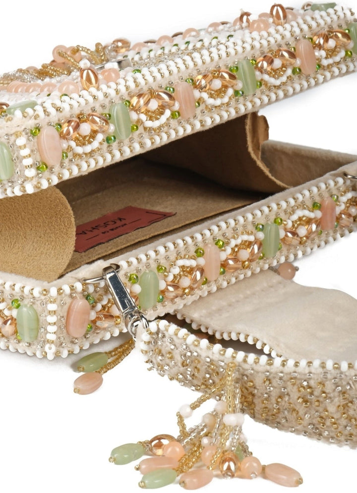 Ivory Suede Embellished Box Bag House of Kosha - Fabilicious Fashion