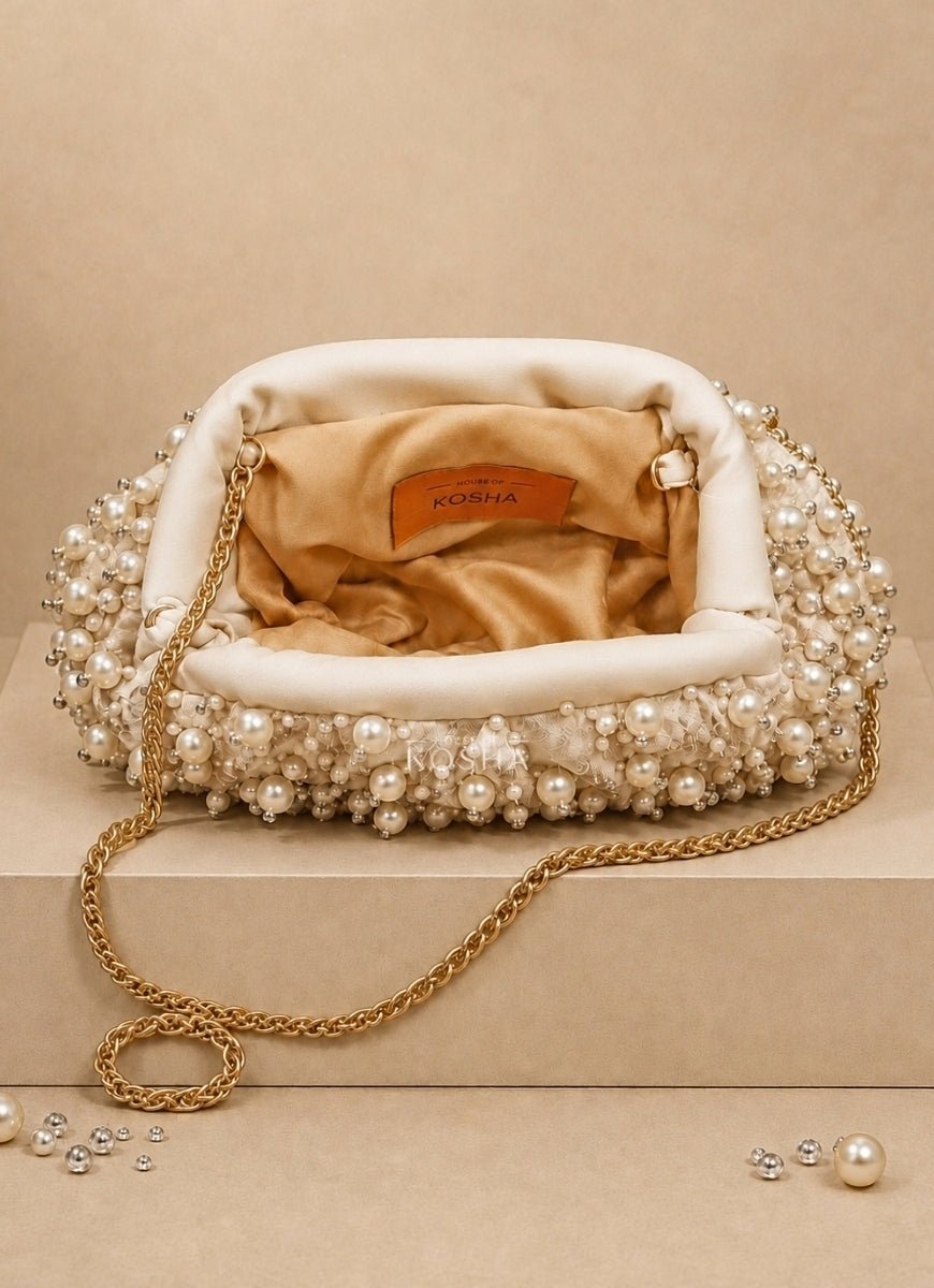 House of Kosha Ivory Suede Embellished ClutchFabilicious Fashion
