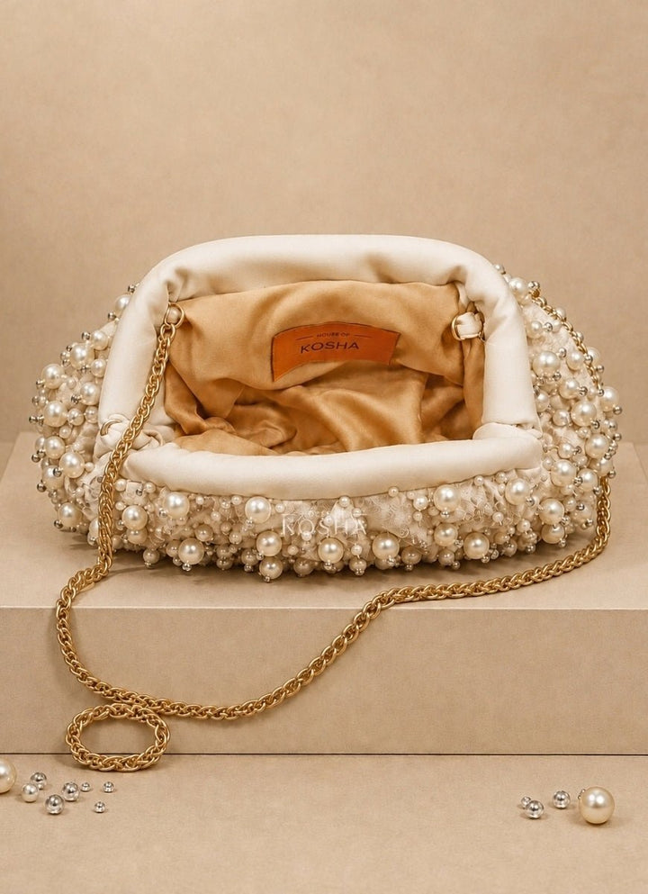House of Kosha Ivory Suede Embellished ClutchFabilicious Fashion