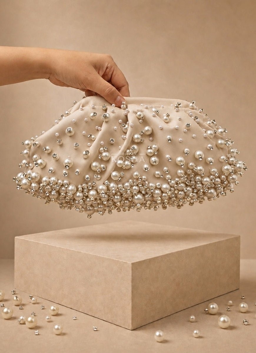 House of Kosha Ivory Suede Embellished ClutchFabilicious Fashion
