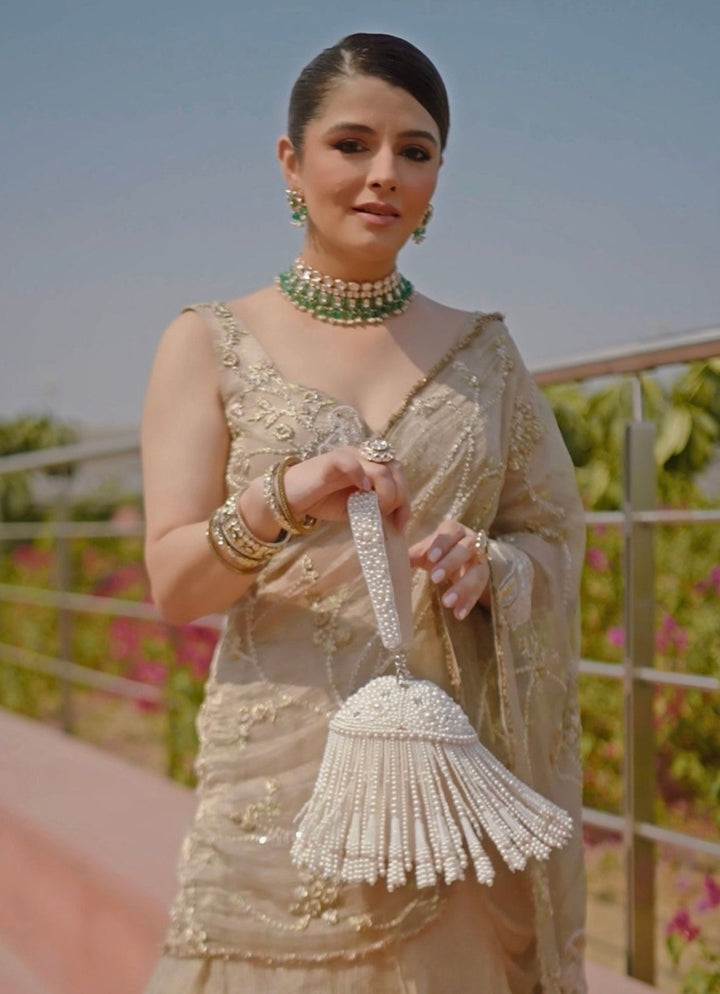 Ivory Suede Handcrafted Bucket Bag House of Kosha - Fabilicious Fashion